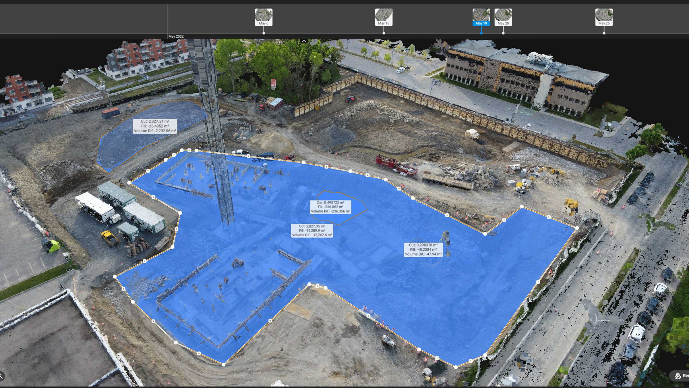 Drone-captured 3D site model with earthwork cut and fill volumes measured over an active build.